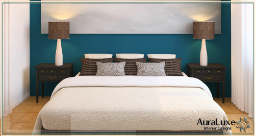 تصميم دهانات غرف نوم بجدة 0592424718 شركة أورا ديكور غرف نوم راقٍ بلمسات بنية دافئة وإضاءة جانبية ناعمة، لملاذ مريح وأنيق.